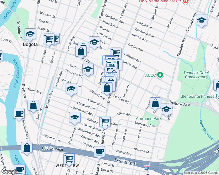map of restaurants, bars, coffee shops, grocery stores, and more near 98 East Fort Lee Road in Bogota