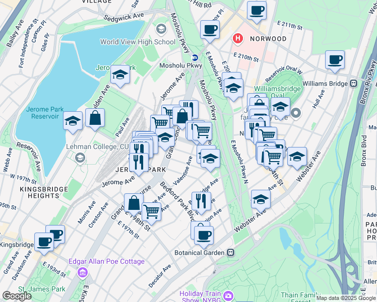 map of restaurants, bars, coffee shops, grocery stores, and more near 234 East 203rd Street in Bronx