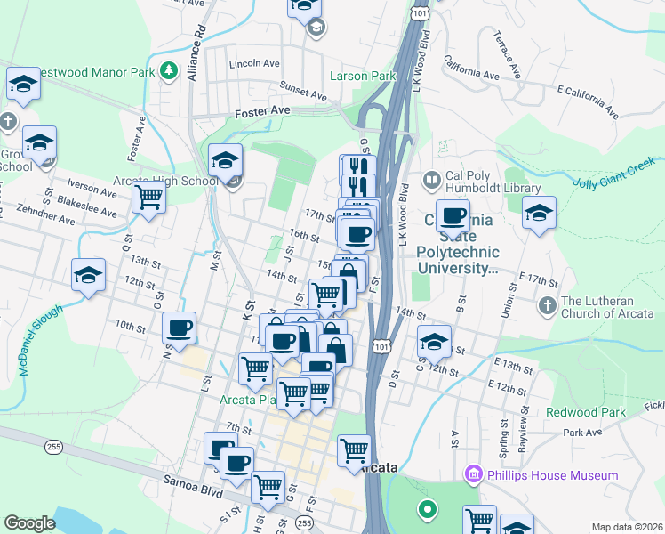 map of restaurants, bars, coffee shops, grocery stores, and more near H Street & 15th Street in Arcata