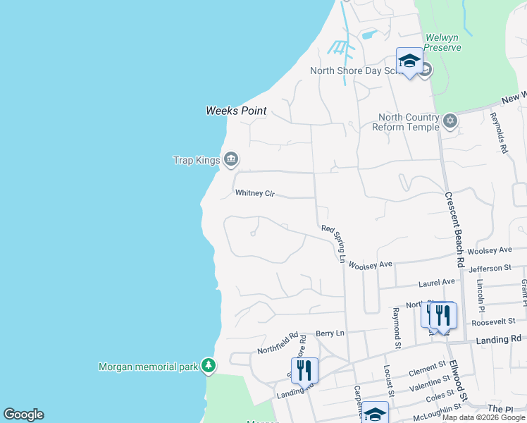 map of restaurants, bars, coffee shops, grocery stores, and more near 22 Pembroke Drive in Glen Cove