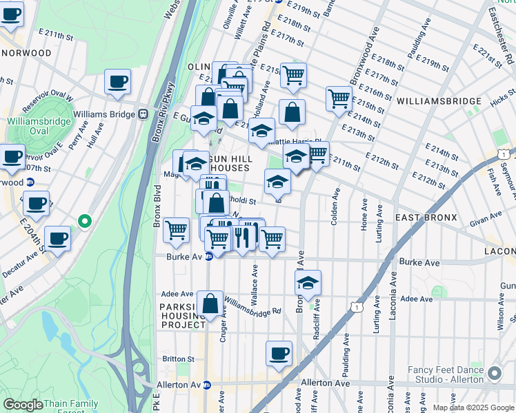 map of restaurants, bars, coffee shops, grocery stores, and more near 3325 Wallace Avenue in Bronx