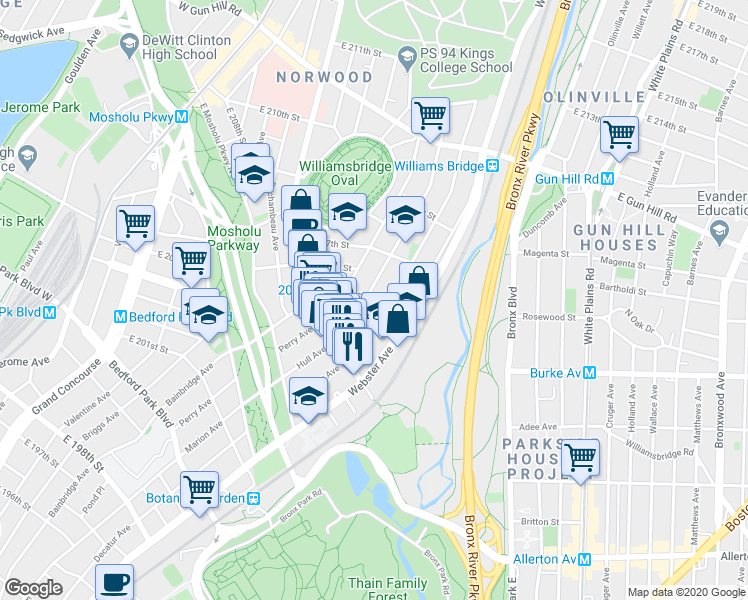 map of restaurants, bars, coffee shops, grocery stores, and more near in The Bronx