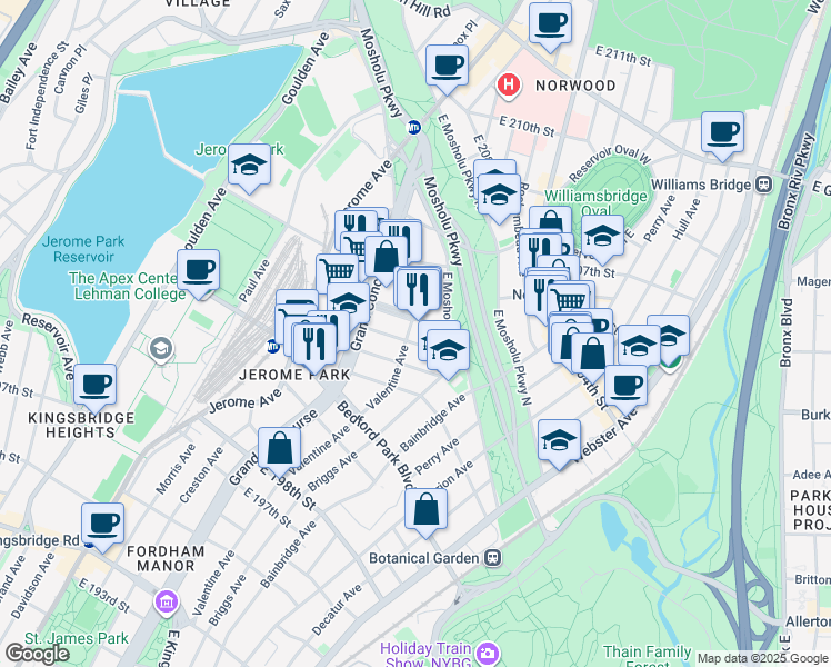 map of restaurants, bars, coffee shops, grocery stores, and more near 265 East 203rd Street in Bronx