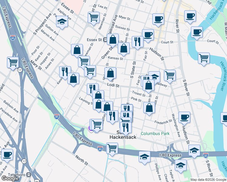 map of restaurants, bars, coffee shops, grocery stores, and more near 147 West Street in Hackensack