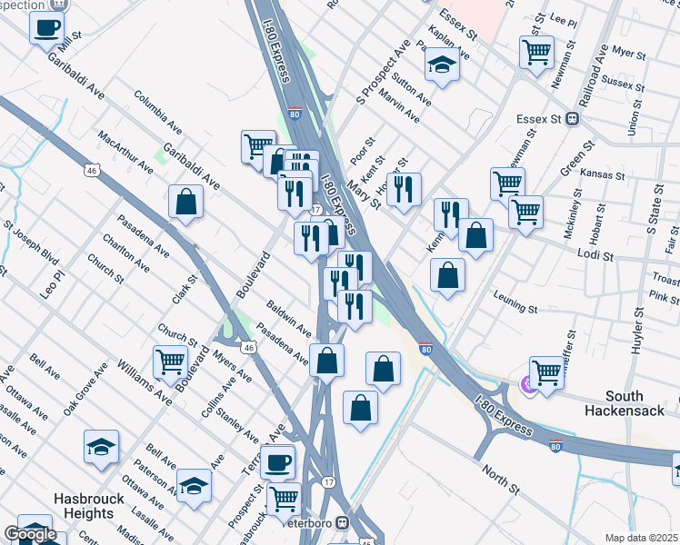 map of restaurants, bars, coffee shops, grocery stores, and more near 357 East Pleasantview Avenue in Hackensack