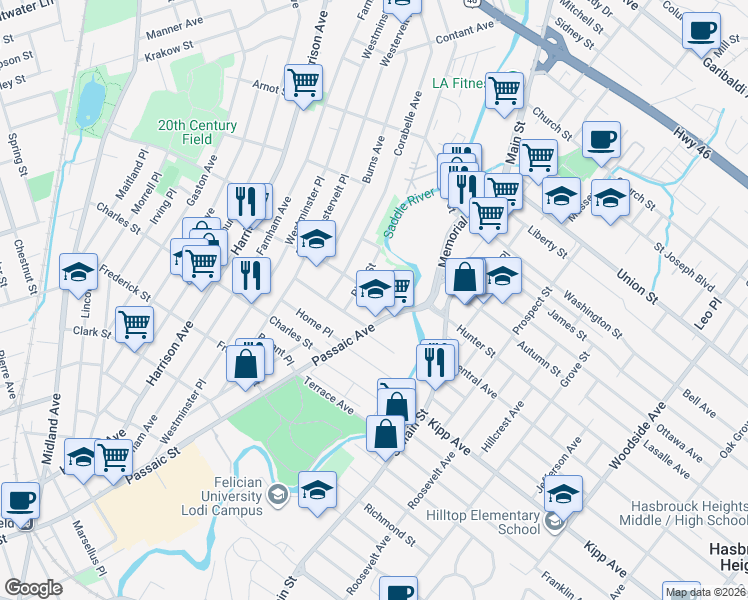 map of restaurants, bars, coffee shops, grocery stores, and more near 435 Passaic Avenue in Lodi