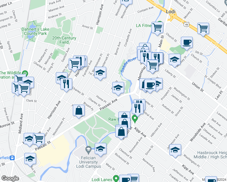 map of restaurants, bars, coffee shops, grocery stores, and more near 435 Passaic Avenue in Lodi