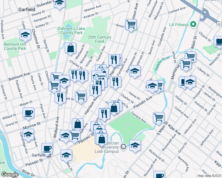 map of restaurants, bars, coffee shops, grocery stores, and more near 186 Farnham Avenue in Lodi Borough