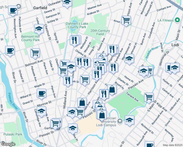 map of restaurants, bars, coffee shops, grocery stores, and more near 107 Frederick Street in Garfield