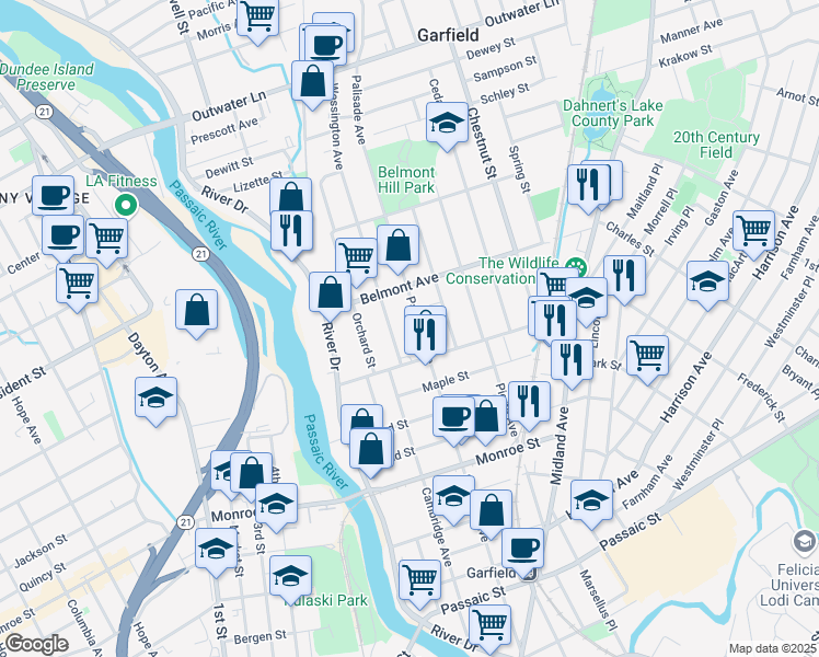 map of restaurants, bars, coffee shops, grocery stores, and more near 26 Wessington Avenue in Garfield