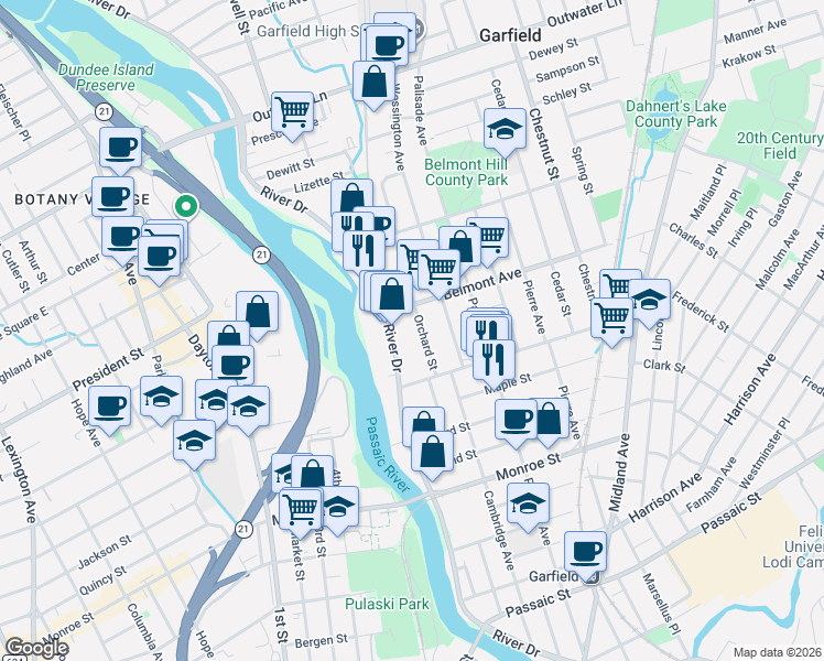 map of restaurants, bars, coffee shops, grocery stores, and more near 30 Orchard Street in Garfield