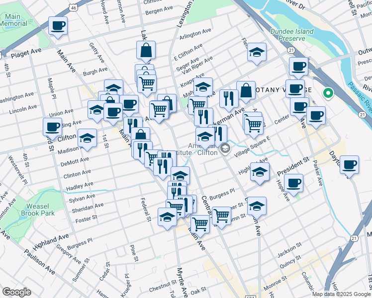 map of restaurants, bars, coffee shops, grocery stores, and more near 361 Lexington Avenue in Clifton