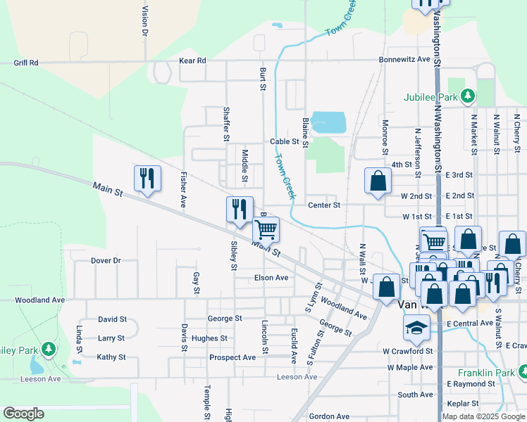 map of restaurants, bars, coffee shops, grocery stores, and more near 199 Burt Street in Van Wert