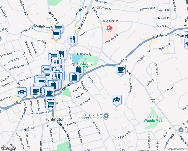 map of restaurants, bars, coffee shops, grocery stores, and more near 100 Main Street in Huntington