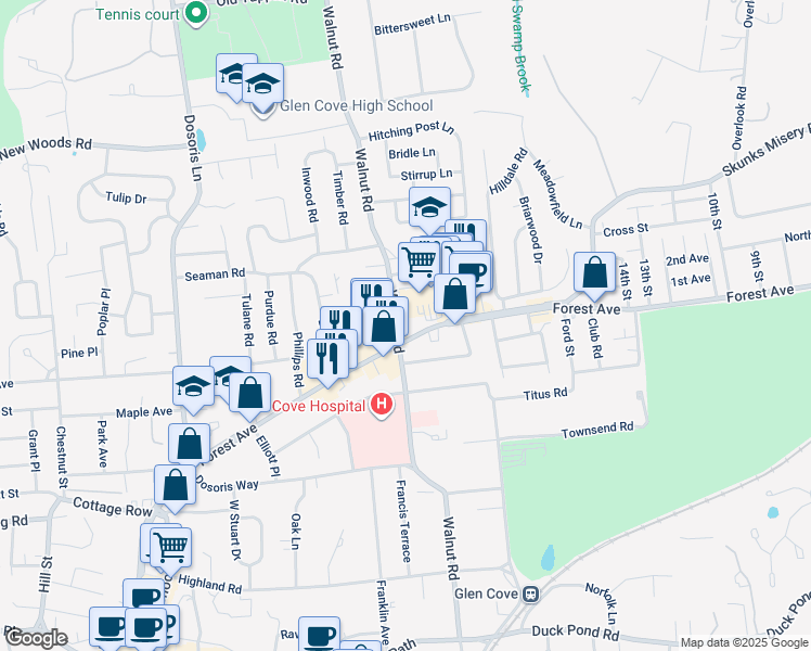 map of restaurants, bars, coffee shops, grocery stores, and more near 111 Forest Avenue in Glen Cove