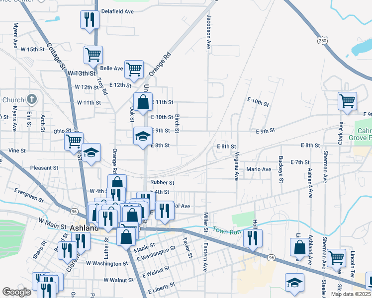 map of restaurants, bars, coffee shops, grocery stores, and more near 317 East 8th Street in Ashland
