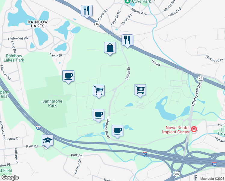 map of restaurants, bars, coffee shops, grocery stores, and more near 61 Walsh Drive in Parsippany-Troy Hills