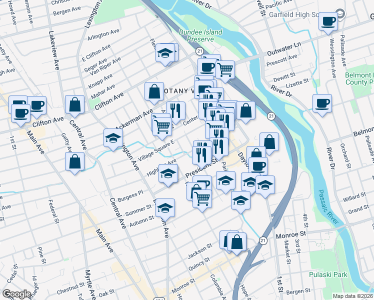 map of restaurants, bars, coffee shops, grocery stores, and more near 131 Highland Avenue in Passaic