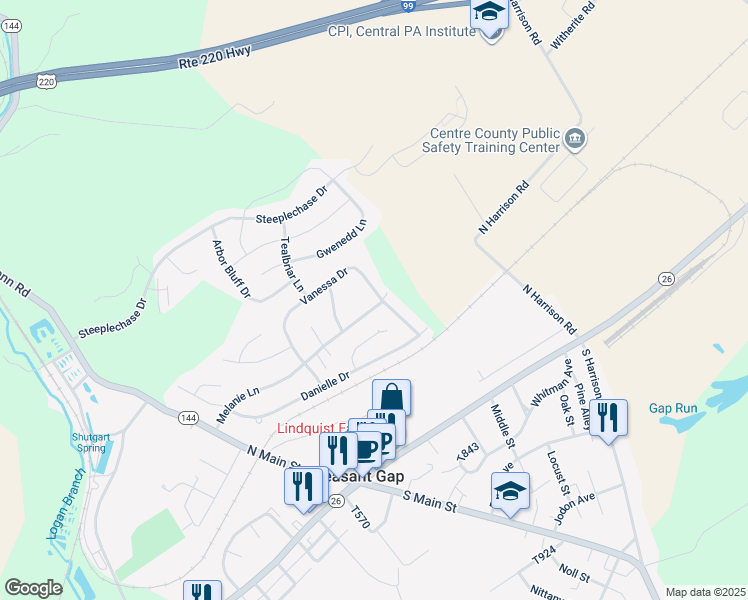 map of restaurants, bars, coffee shops, grocery stores, and more near 238 Vanessa Drive in Pleasant Gap