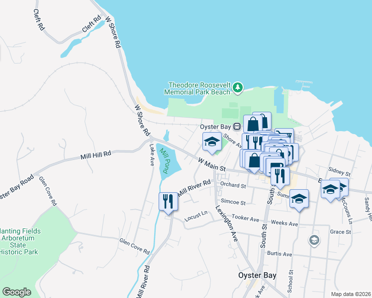 map of restaurants, bars, coffee shops, grocery stores, and more near 208 West Main Street in Oyster Bay