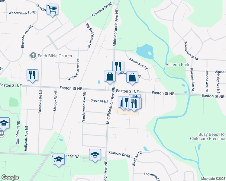 map of restaurants, bars, coffee shops, grocery stores, and more near Easton St NE & Middlebranch Ave NE in Stark