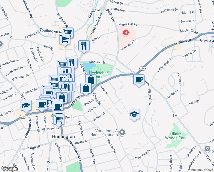 map of restaurants, bars, coffee shops, grocery stores, and more near 100 Main Street in Huntington