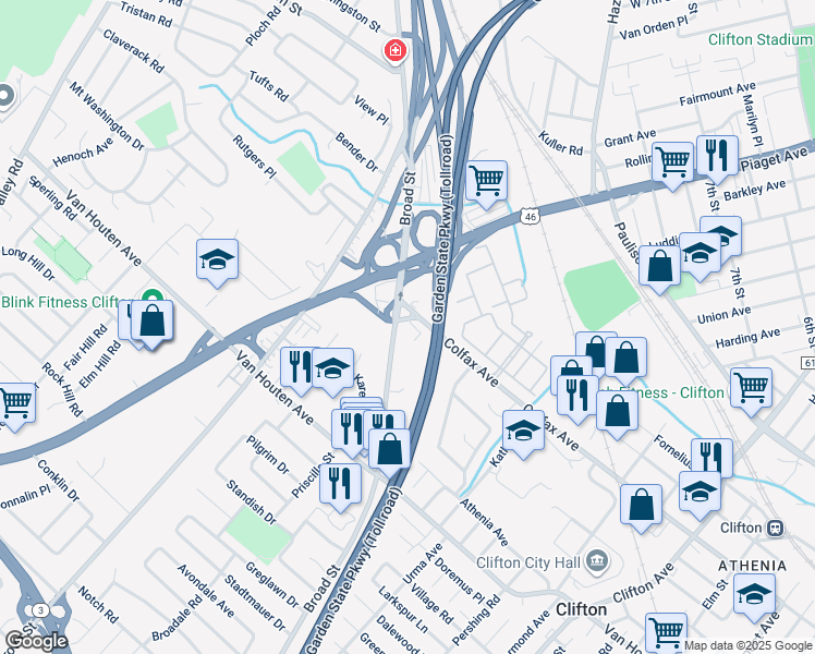 map of restaurants, bars, coffee shops, grocery stores, and more near 621 Broad Street in Clifton
