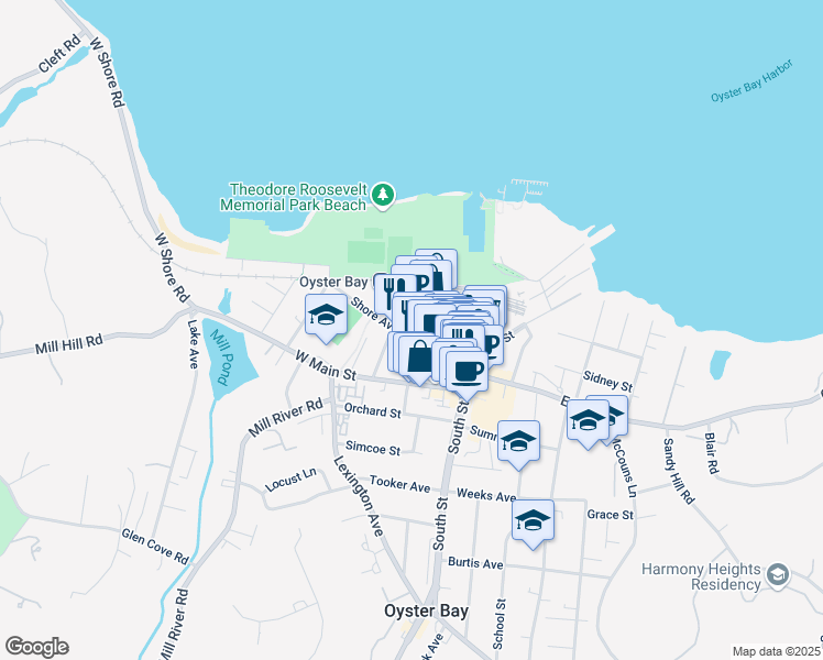 map of restaurants, bars, coffee shops, grocery stores, and more near 74 Audrey Avenue in Oyster Bay