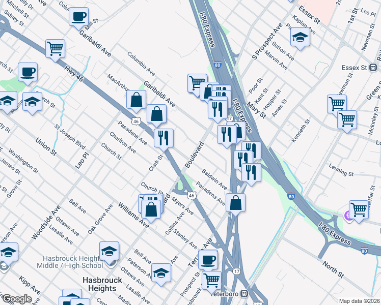 map of restaurants, bars, coffee shops, grocery stores, and more near 564 Boulevard in Hasbrouck Heights