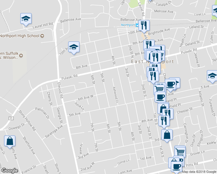 map of restaurants, bars, coffee shops, grocery stores, and more near 528A 5th Street in East Northport