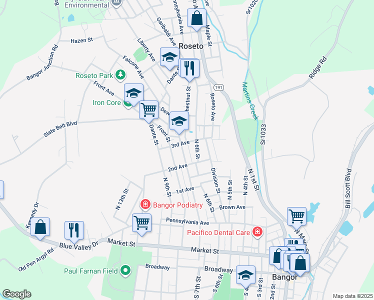 map of restaurants, bars, coffee shops, grocery stores, and more near 545 North 7th Street in Bangor