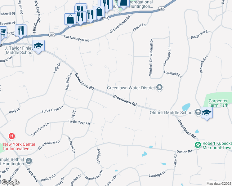 map of restaurants, bars, coffee shops, grocery stores, and more near 73 Greenlawn Road in Huntington