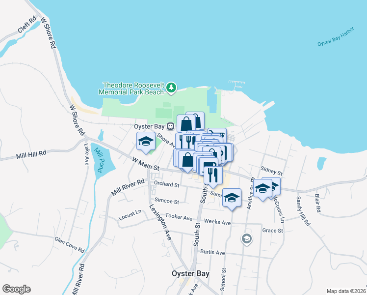 map of restaurants, bars, coffee shops, grocery stores, and more near 74 Audrey Avenue in Oyster Bay
