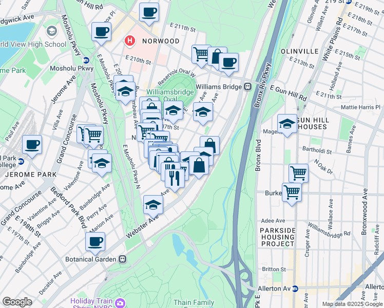 map of restaurants, bars, coffee shops, grocery stores, and more near in The Bronx