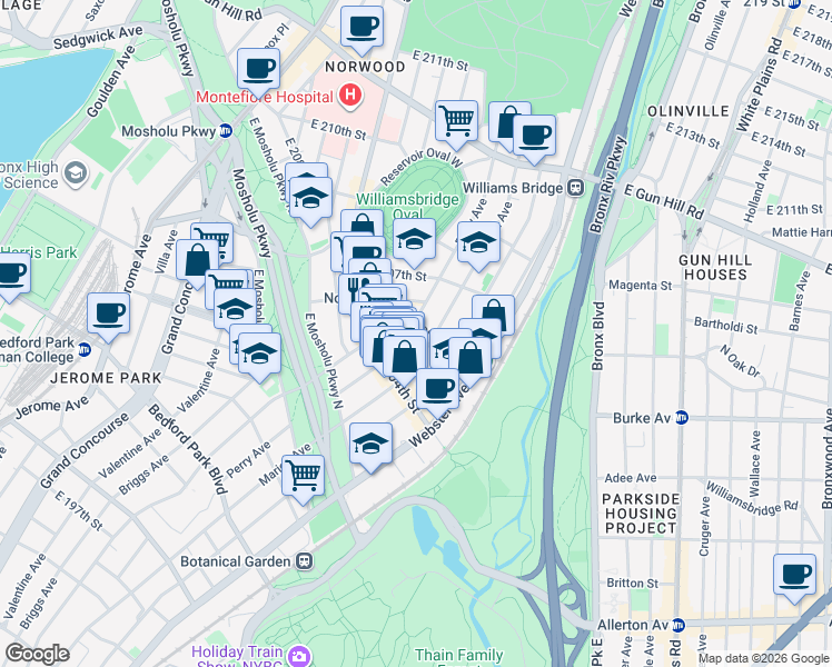 map of restaurants, bars, coffee shops, grocery stores, and more near in The Bronx