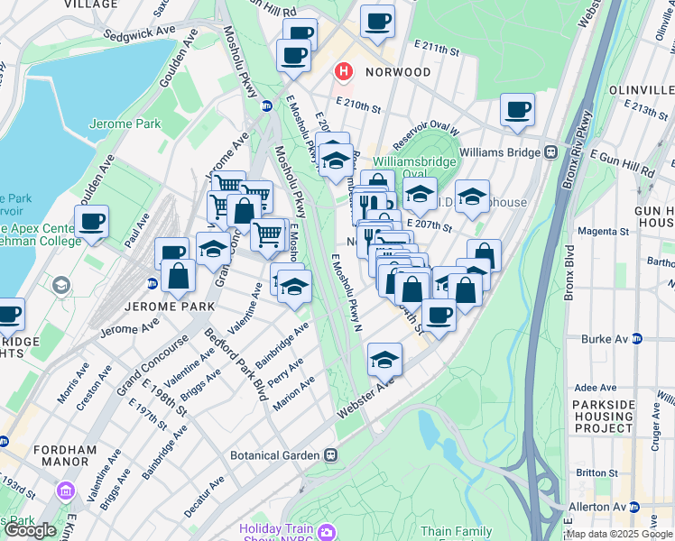 map of restaurants, bars, coffee shops, grocery stores, and more near in The Bronx