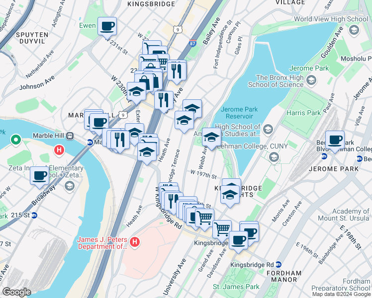 map of restaurants, bars, coffee shops, grocery stores, and more near 2835 Sedgwick Avenue in Bronx