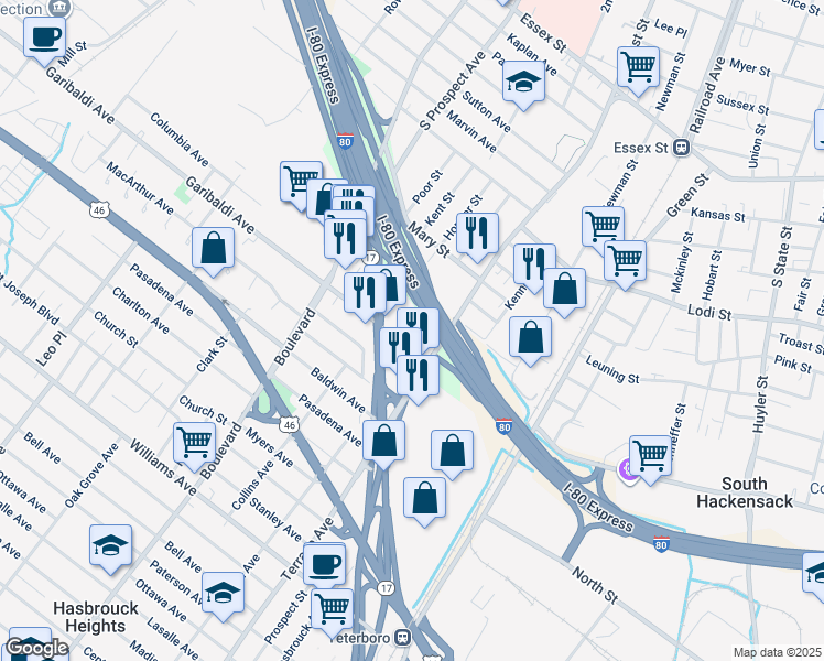 map of restaurants, bars, coffee shops, grocery stores, and more near 357 East Pleasantview Avenue in Hackensack