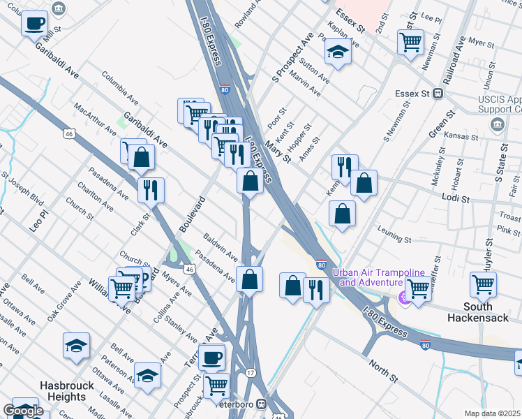 map of restaurants, bars, coffee shops, grocery stores, and more near 357 East Pleasantview Avenue in Hackensack