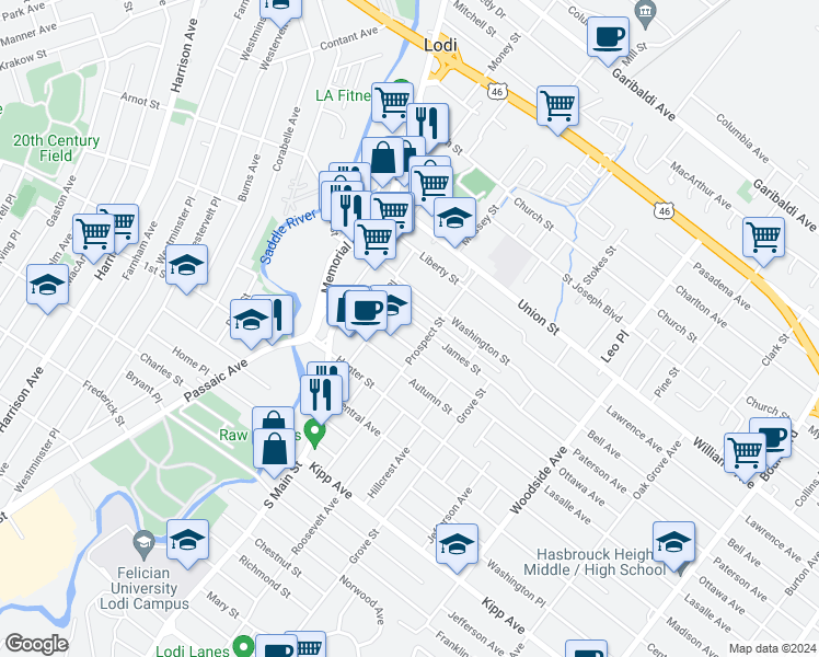 map of restaurants, bars, coffee shops, grocery stores, and more near 46 Spring Street in Lodi