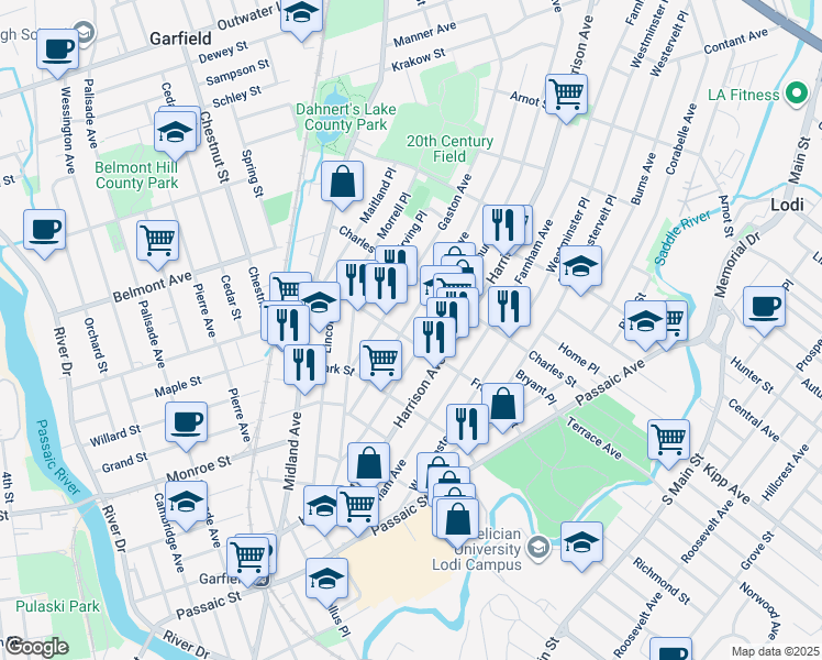 map of restaurants, bars, coffee shops, grocery stores, and more near 107 Frederick Street in Garfield