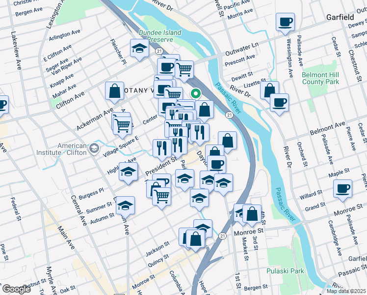map of restaurants, bars, coffee shops, grocery stores, and more near 106 President Street in Passaic