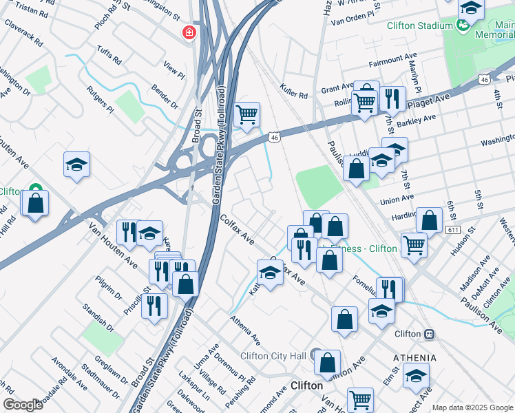 map of restaurants, bars, coffee shops, grocery stores, and more near 36 Barrister Street in Clifton