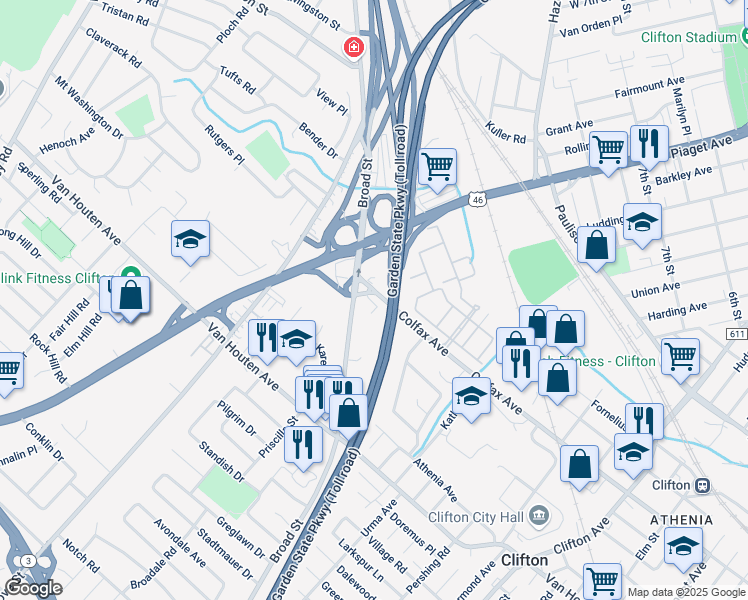 map of restaurants, bars, coffee shops, grocery stores, and more near 621 Broad Street in Clifton