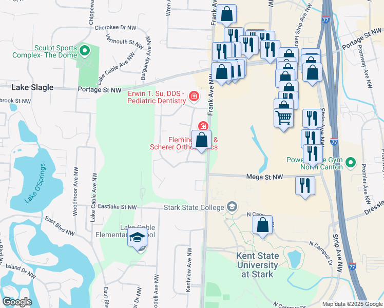 map of restaurants, bars, coffee shops, grocery stores, and more near 5101 Softwind Avenue Northwest in North Canton