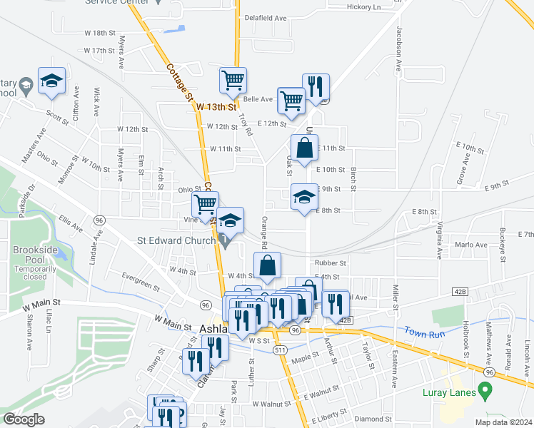 map of restaurants, bars, coffee shops, grocery stores, and more near 719 Orange Street in Ashland