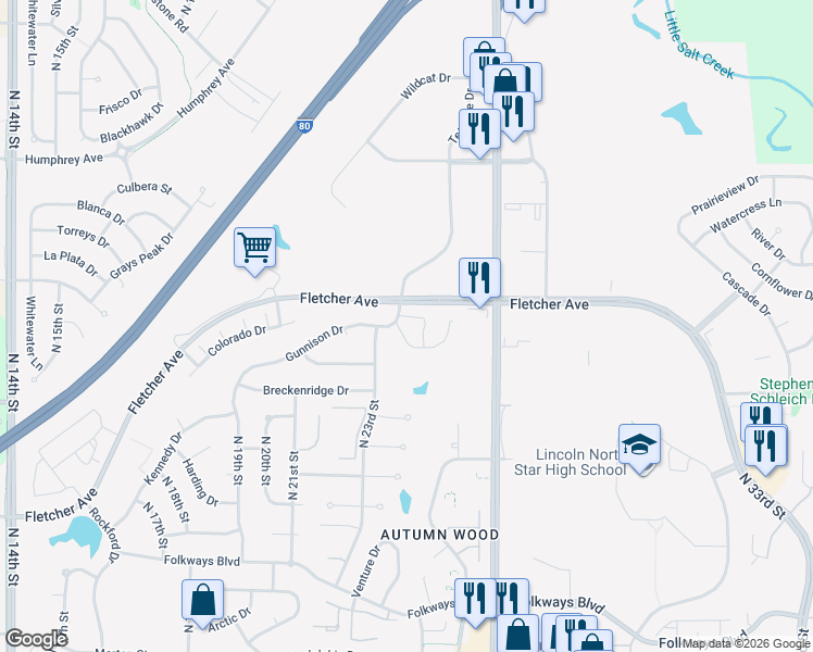 map of restaurants, bars, coffee shops, grocery stores, and more near 2357 Telluride Circle in Lincoln
