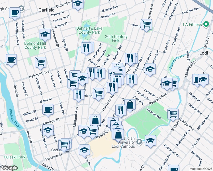 map of restaurants, bars, coffee shops, grocery stores, and more near 107 Frederick Street in Garfield