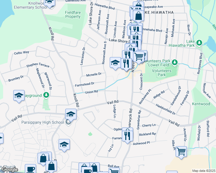 map of restaurants, bars, coffee shops, grocery stores, and more near 6 Union Road in Parsippany-Troy Hills