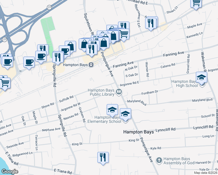 map of restaurants, bars, coffee shops, grocery stores, and more near 8 Argonne Road West in Hampton Bays